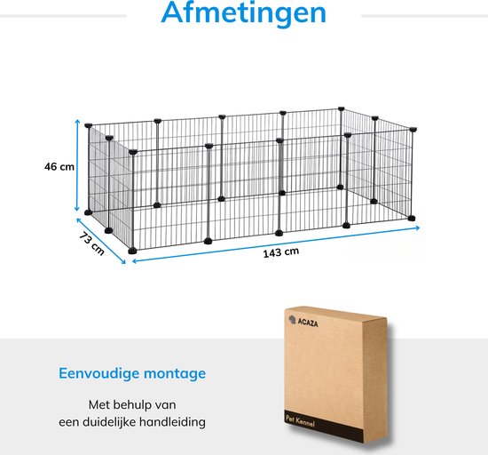Zwarte metalen dierenren met afmetingen 143 cm bij 73 cm bij 46 cm, en een afbeelding van de verpakking.