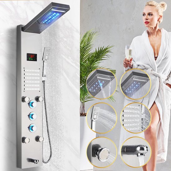 Foto: Lotahome douche paneel met massage 5 in 1 regendouche inclusief massage jets thermostaatkraan handdouche verlichting en led scherm luxe waterval douche opbouw doucheset douchepaneel airjets thermostatische douchekraan zilver