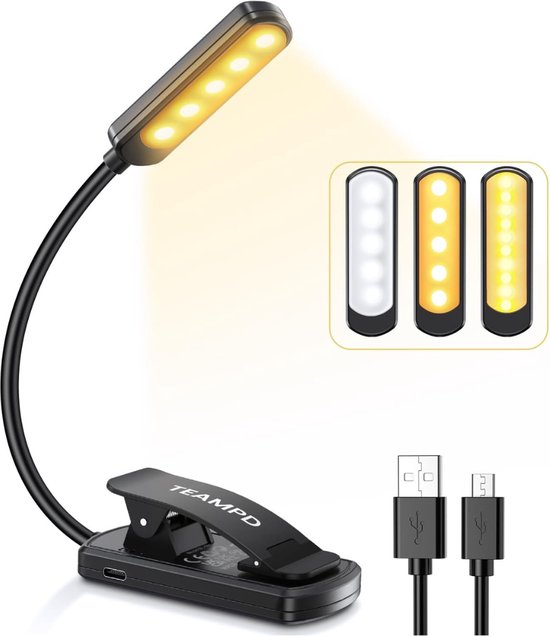 Hoofdbord Boeklamp - 4 cm Klem - USB Oplaadbaar - Perfect Voor In Bed - Klem Voor Bureau - Bedlampjes hoofdbord - Zwart