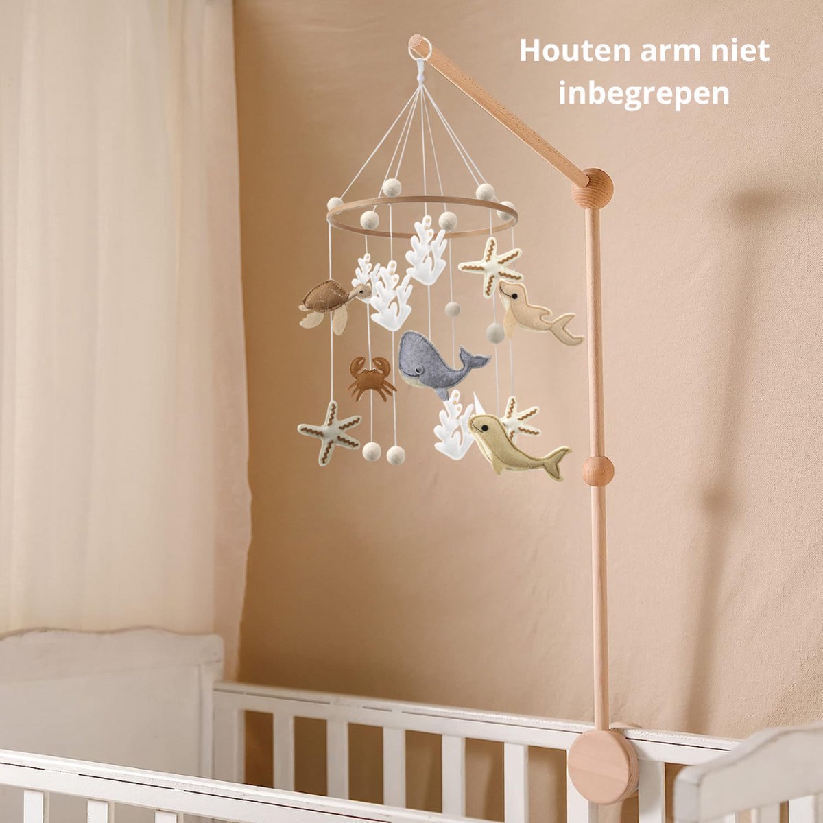 Mamimami Home Houten mobiele standaard voor babybedje, bedbelhouder, beugel, wisselaarbed, bellen en speelgoed (zonder mobiel