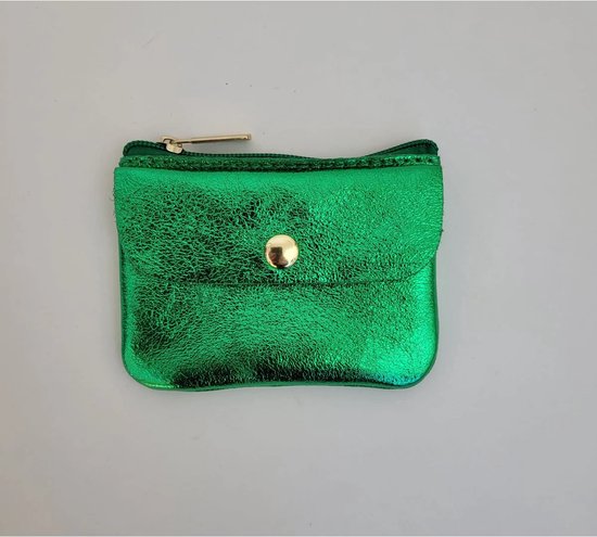 Portemonnee Klein Groen Metallic - 11 cm x 8 cm - Wallet - Geld - Betalen - Accessoires - Accessoire - Mode - Fashion - Glans - Echt leer - Leather - Green - Dames - Vrouwen - Mama - Cadeau - Kado - Luxe uitstraling - Mini - Small - Dame - Trendy