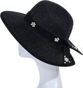 Nan Zonnehoed Dames - UV Werend - Papieren hoed - Zomerhoed heren - Met pareldecoraties - 40 cm - Zwart