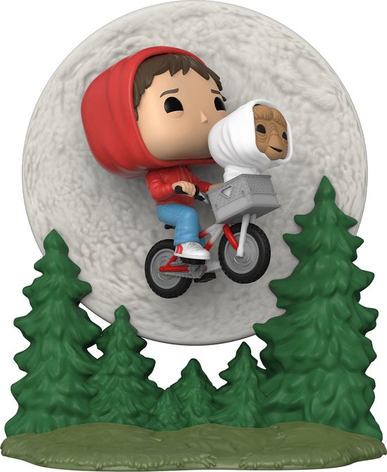 Pop-figuur van Elliott met rode hoodie en E.T. op een fiets, voor een maan en bomen.