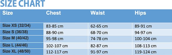 Tableau des tailles avec mesures de poitrine, de taille et de hanches en cm.