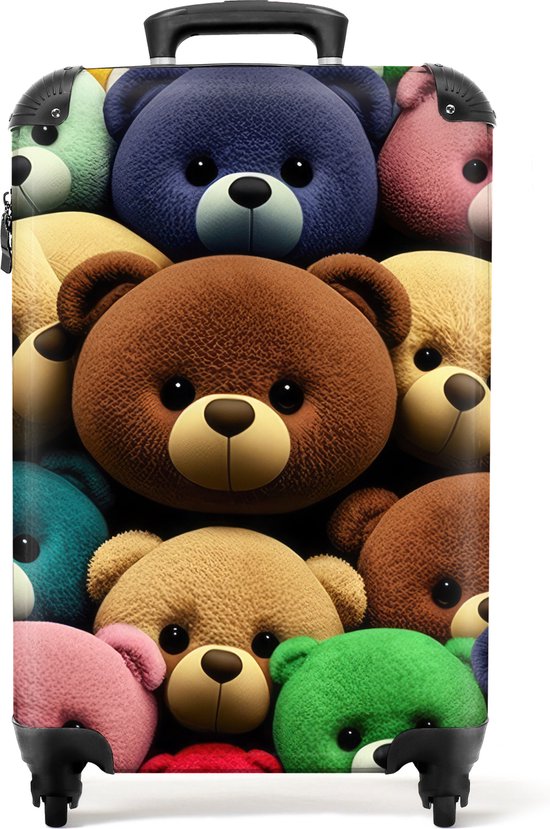 Koffer met een print van vele bruine, blauwe, roze en groene teddyberen.