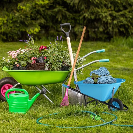 Kinderkruiwagen metaal met kunststof bak tot 10 kg voor kinderen - Tuinkruiwagen buitenspeelgoed blauw/zwart Kruiwagen van Maggiejaxx — afbeelding 4