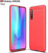 Voor Galaxy A90 5G geborstelde textuur koolstofvezel TPU-hoes (rood)