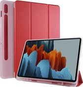 Voor Samsung Galaxy Tab S7 T870 11 inch Horizontale Flip Anti-fall Transparante Lederen Case met Drie-vouwen Houder & Pen Slot (Rood)