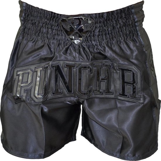 Zwarte Muay Thai broek met elastische tailleband, zijsplit en grote zwarte letters 'PUNCHR' op de voorkant.