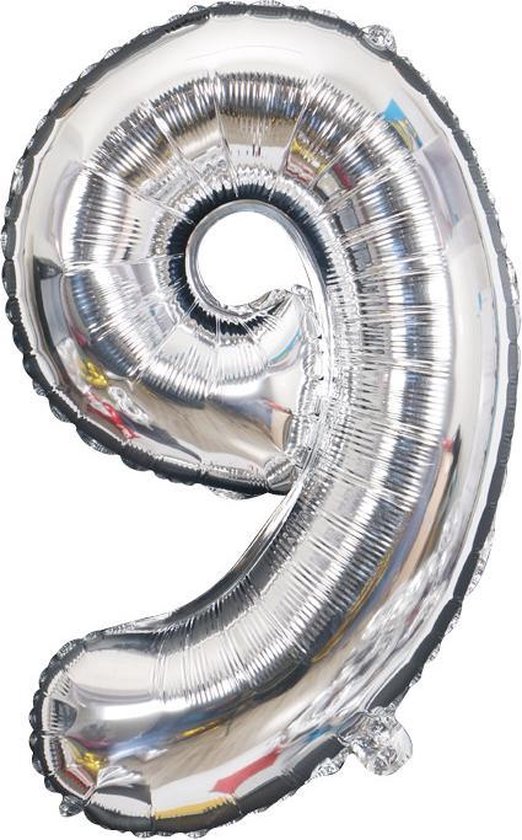 Cijfer ballon 9 jaar Babydouche - zilver folie helium ballonnen - 100 cm - zilveren negen verjaardag versiering