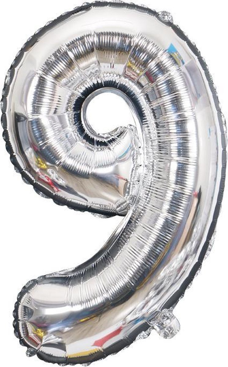 Cijfer ballon 9 jaar Babydouche - 1 meter 100 CM - zilver folie helium ballonnen - zilveren negen verjaardag versiering