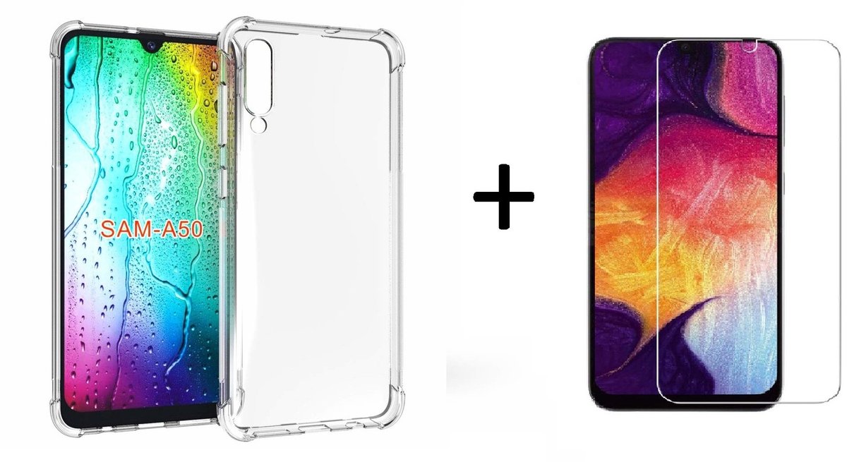 Samsung Galaxy A50 Transparant Anti Burst Shock Hoesje + Glazen screenprotector - van Bixb
