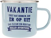 Mok - Top vent - Vakantie - Avonturier - Geëmailleerd - Gevuld met een snoepmix - In cadeauverpakking