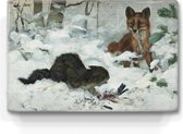 Vos die een kat verrast - Bruno Liljefors - 30 x 19,5 cm - Niet van echt te onderscheiden houten schilderijtje - Mooier dan een schilderij op canvas - Laqueprint.