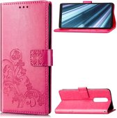 Lucky Clover geperste bloemenpatroon lederen tas voor Sony Xperia 1 / Xperia XZ4, met houder en kaartsleuven en portemonnee en handriem (roze rood)