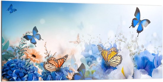 Dibond - Sprookjesachtige Blauwe Vlinders - 200x100cm Foto op Aluminium (Met Ophangsysteem)