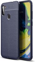 Samsung A11 Hoesje Shock Proof Siliconen Hoes Case | Back Cover TPU met Leren Textuur - Blauw