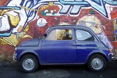 Schilderij - Auto Fiat In - Multicolor - 75 X 50 Cm Dibond - Auto - Fiat 500 In Blauw / Beige / Bruin / Zwart - 50 X 75 Cm.