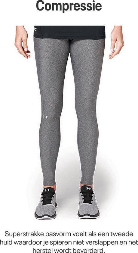 Dames grijze compressie legging tot op de enkel. "Compressie" staat in tekst boven de afbeelding. De legging heeft een Under Armour logo op het been.