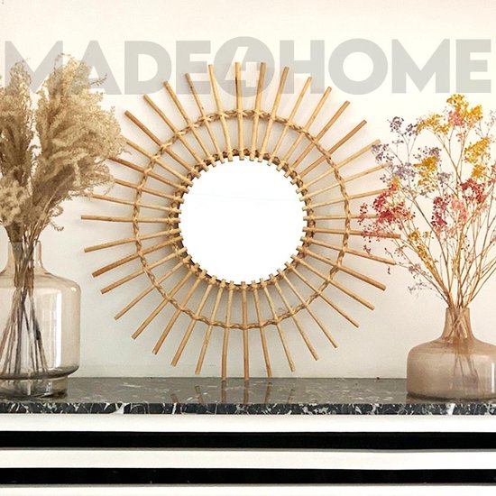 Made4Home® - Spiegel rotan | Rond |1 stuk | Wandspiegel | Zonnespiegel | Hout | Natural | Bamboe | Bohemian | Wanddecoratie | Interieur spiegel | VT wonen | Diameter 58 cm
