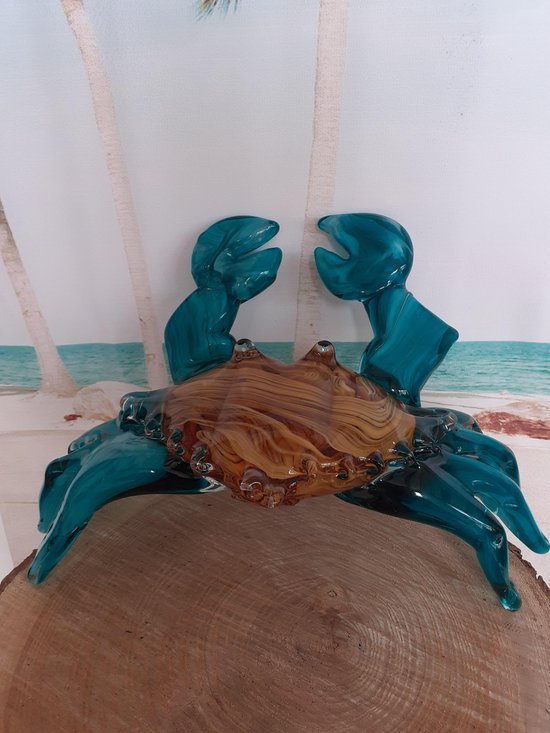 Krab beeldje ZEER  groot van glas turquoise/oranje 28x17x17 cm
