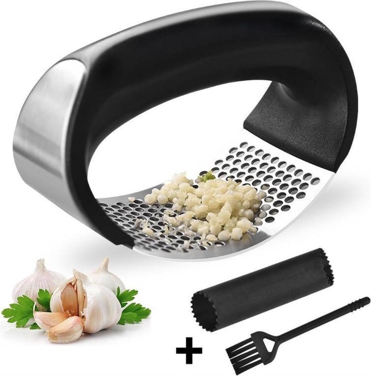 QualiteCuisine Knoflookpers/Gemberpers - Vaatwasser Bestendig - Met Borstel & Siliconen Peller