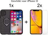 iPhone 11 hoesje Armor Case Zwart Kickstand Ring shock proof magneet - 2x iPhone 11 Screenprotector