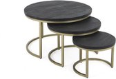 Ronde salontafel set van 3 - Zwart Met Gouden Onderstel - Ø76Ø56Ø41
