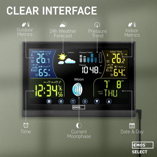 Draadloos weerstation - Weerstation binnen en buiten - Weerstation met buitensensor, incl. Touchscreen kleurendisplay, DCF-ontvangstsignaal klok - binnen- en buitentemperatuur, barometer, weersvoorspelling - Emos' - Emos Select