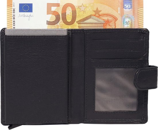 Pasjeshouder Uitschuifbaar – Donkerblauw - Leer - Creditcard Houder - RFID – Anti Skim - Muntgeld Ritsvak - Pasjeshouder