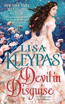 Boekomslag van 'Devil in Disguise' door Lisa Kleypas. Een vrouw in een roze jurk staat op de voorgrond, met bloemen en bloemblaadjes om haar heen.