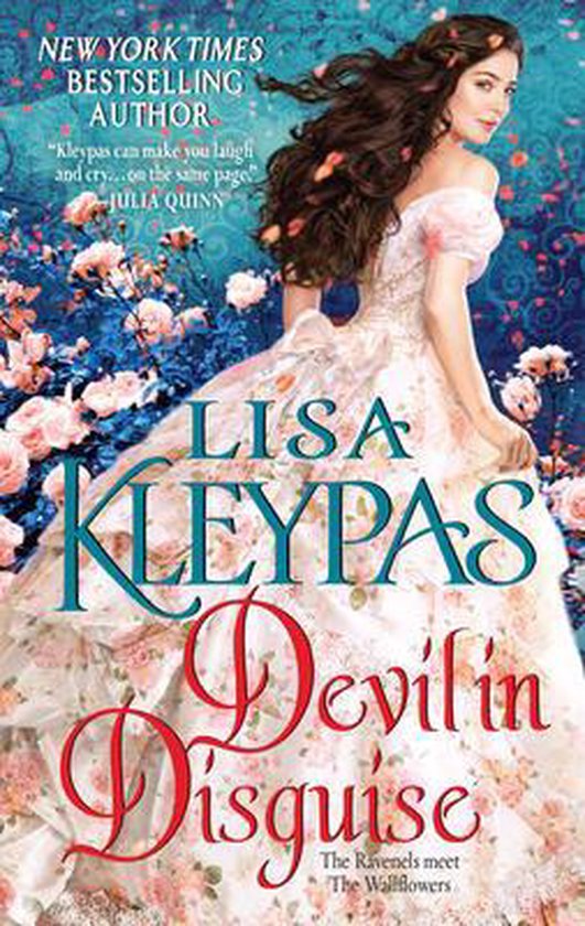 Couverture du livre 'Devil in Disguise' par Lisa Kleypas. Une femme en robe rose au premier plan, entourée de fleurs et de pétales.