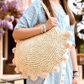 Jozemiek gevlochten tas - Ronde strandtas - met pompons - Beige