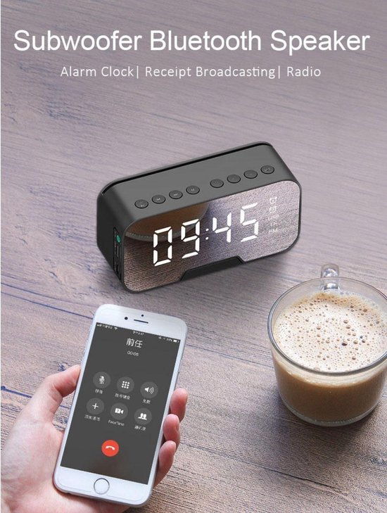 THEROB Digitale wekker met bluetooth speaker, radio, spiegel en TF ingang  (ZWART) | bol.com
