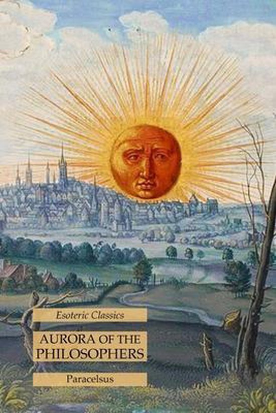 Boekomslag 'Aurora of the Philosophers' met een zon met gezicht en stralen boven een stad.