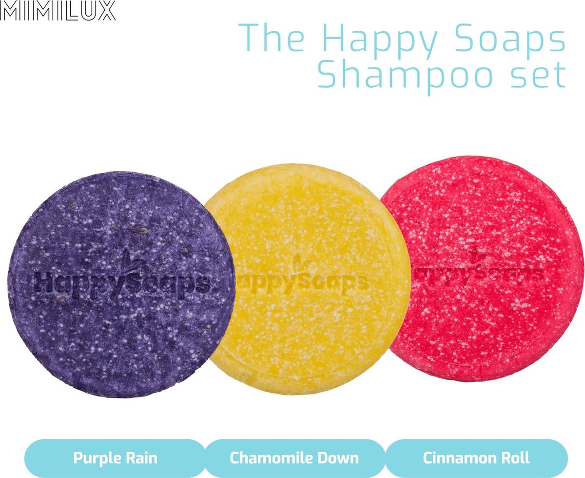 The Happy Soaps - Shampoo Set - 3 stuks - Shampoo bars - Chamomile down - Purple Rain - Cinnamon Roll - Plastic vrij - vegan - zeep blok - zeep tablet - cadeau geschenk set