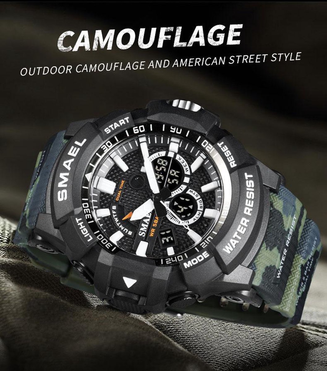 Heren Horloge Zwart met Army rubber band Zwart Groen | Smael | Waterdicht |Glow in dark | Mud Master | Mudmaster | Shock | Leger | Grof | Licht | Rubberen band | Timer | Eyecatcher | Master| | kado| Cadeau