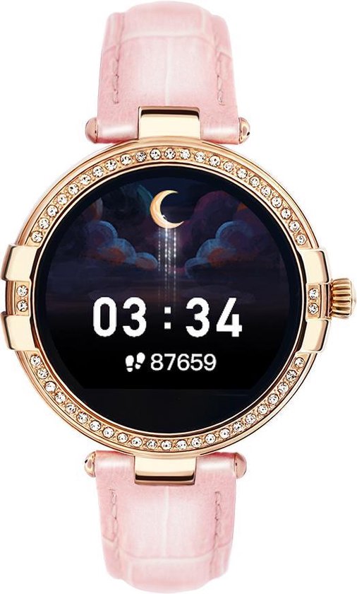 Belesy® WONDERFUL - Smartwatch Dames - Horloge – 1.22 inch - Kleurenscherm - Stappenteller - Bloeddruk - Hartslag - Temperatuurmeter - Sporten - Goud – Leer - Roze - Moederdag
