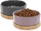 Voerbakken 2x keramiek paars en grijs 800ml | 12 hoekige design voerbak met onderlegger van eikenhout | gemak en comfort voor de hond of kat