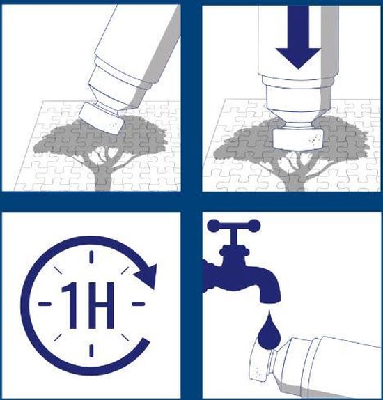 Instructies voor puzzellijm: aanbrengen, 1 uur drogen, afspoelen.