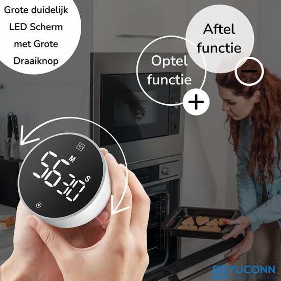 YUCONN® Digitale Kookwekker - Keukenwekker - Timer en Stopwatch - Eierwekker - Douche timer - Magneet - Met Draaiknop - Wit/Zwart - YUCONN