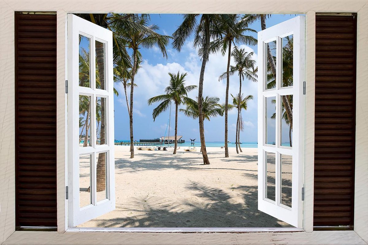 Tuindoek doorkijk openslaand venster naar een Tropisch / Eiland / Strand - 150x100cm - tuinposter - tuinposter doorkijkje – Doorkijk tuinposter - tuinposter doorkijk XL – Tuinposter Voor Buiten