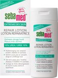 Sebamed Repair Lotion Extreem droge huid. Witte fles met groene en roze accenten. Tekst in Nederlands en Frans.
