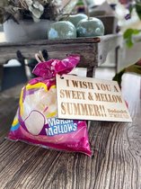 Marshmellow met houten kaartje / juf / meester / Einde schooljaar / afscheid / I wish you a sweet and mellow summer / cadeau