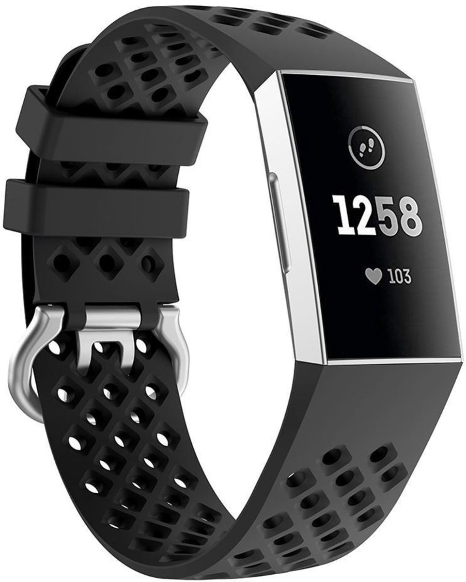Geschikt voor Fitbit Charge 3 siliconen bandje met gaatjes - zwart - Maat L