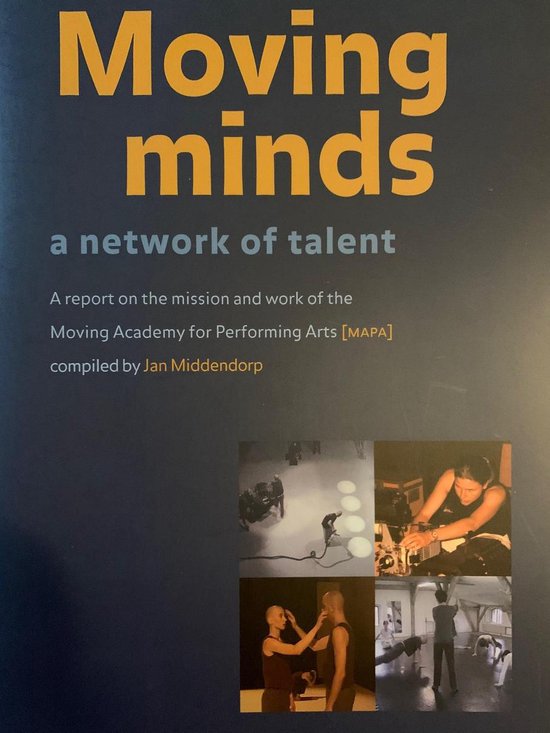 Boekomslag Moving minds, a network of talent met vier kleine foto's van dansers in actie.