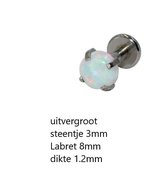 Helixpiercing opaal wit 3mm chirurgisch staal 8mm x 1.2mm