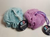 Set van 2 mesh sponzen met stevig koord voor douche of bad  blauw paars