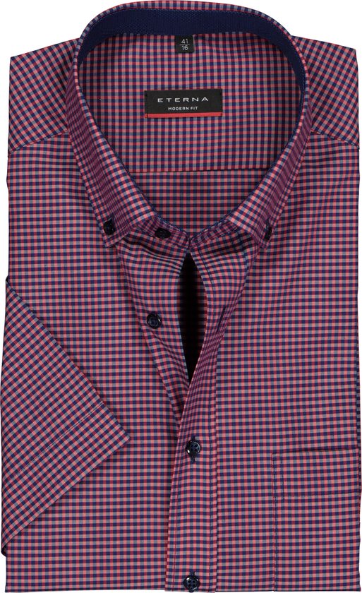 ETERNA modern fit overhemd - poplin met korte mouw - blauw met rood geruit (contrast) - Strijkvrij - Boordmaat: 39