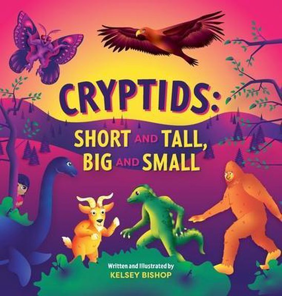 Boekomslag 'Cryptids: Kort en lang, groot en klein' met een uil, Bigfoot, een dinosaurus, een geit en een draak.